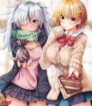  2girls :o black_skirt blonde_hair blue_nails blush bow bowtie box breasts brown_cardigan cardigan character_request checkered clenched_teeth dokyuu_hentai_hxeros eyebrows_visible_through_hair eyepatch gift gift_box green_scarf hair_ornament hoshino_kirara large_breasts long_sleeves looking_at_viewer medium_hair multiple_girls nail_polish plaid plaid_bow plaid_skirt polka_dot purple_eyes red_neckwear ryouma_(galley) scarf shirt short_hair silver_hair skirt sleeves_past_wrists smile striped striped_scarf teeth twintails vertical-striped_scarf white_shirt yellow_eyes 