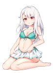  1girl absurdres bangs bare_arms bare_shoulders bikini bikini_skirt blush collarbone commentary_request eyebrows_visible_through_hair fate/kaleid_liner_prisma_illya fate_(series) green_bikini_bottom green_bikini_top highres illyasviel_von_einzbern kneeling long_hair looking_at_viewer navel red_eyes simple_background solo swimsuit tming white_background white_bikini white_hair 