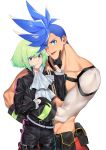  2boys blue_eyes blue_hair chin_grab cravat galo_thymos green_hair highres hug ke889 lio_fotia looking_at_viewer male_focus multiple_boys promare purple_eyes shirtless size_difference spiked_hair tongue tongue_out 
