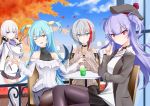  4girls ;d admiral_graf_spee_(azur_lane) ahoge ajax_(azur_lane) aran_sweater autumn_leaves azur_lane bangs bare_shoulders beret black_choker black_headwear black_ribbon black_skirt blue_eyes blue_hair blue_skirt blue_sky blush breasts brown_eyes brown_legwear brown_skirt brown_sweater building chair choker closed_mouth cloud collarbone commentary_request covered_collarbone cup day drinking drinking_glass drinking_straw eyebrows_visible_through_hair hair_between_eyes hair_ribbon hat hebitsukai-san highres holding holding_cup illustrious_(azur_lane) long_hair long_sleeves looking_at_viewer medium_breasts mole mole_under_eye multicolored_hair multiple_girls neptune_(azur_lane) off-shoulder_sweater off_shoulder on_chair one_eye_closed open_mouth outdoors pantyhose pleated_skirt purple_eyes purple_hair railing red_hair ribbon shell_hair_ornament silver_hair sitting skirt sky sleeves_past_wrists smile streaked_hair sweater table two_side_up very_long_hair white_coat white_sweater window 