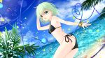  1girl :d absurdres arm_up ass bangs bare_arms bare_shoulders bikini bikini_under_clothes black_bikini blue_eyes blue_sky breasts chikawa_shibainu cloud cowboy_shot day eyebrows_visible_through_hair green_hair hair_between_eyes heart heart_of_string highres komeiji_koishi lens_flare light_particles looking_at_viewer no_hat no_headwear ocean open_mouth outdoors palm_tree petals scrunchie short_hair side-tie_bikini sky small_breasts smile solo swimsuit thighs touhou tree wrist_scrunchie 