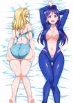  2girls ass ass_grab blonde_hair blue_hair blue_swimsuit bodysuit braid breasts center_opening commentary_request diving_suit grabbing_own_ass hair_rings highres kotokoto_(jumon) large_breasts long_hair looking_at_viewer love_live! love_live!_sunshine!! matsuura_kanan multiple_girls navel ohara_mari one-piece_swimsuit open_mouth purple_eyes shiny shiny_hair shiny_skin short_hair smile strap_slip swimsuit unzipped wetsuit yellow_eyes 