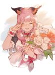  1girl animal_ears animare bangs bat_ears blush bouquet brown_background closed_eyes collar collarbone crying facing_viewer fangs flower highres holding holding_bouquet junwool long_hair open_mouth pink_hair puffy_sleeves red_flower short_sleeves sidelocks simple_background smile solo tears umori_hinako upper_body virtual_youtuber white_flower wiping_tears 