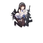  1girl accessories ankle_ribbon assault_rifle between_breasts black_hair black_legwear breast_press breasts brown_eyes bullpup covered_nipples dress eating_hair eyebrows eyebrows_visible_through_hair flats flower full_body girls_frontline gloves gun hair_flower hair_ornament hairband holding holding_gun holding_weapon impossible_clothes kishiyo large_breasts long_hair looking_at_viewer necktie official_art pantyhose qbz-95 qbz-95_(girls_frontline) ribbon rifle shoes solo squatting symbol torn_clothes torn_legwear transparent_background very_long_hair watermark weapon white_dress white_gloves white_hairband 