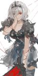  1girl absurdres andrian_gilang armor belt black_nails black_skirt breasts cleavage collarbone covering_one_eye djeeta_(granblue_fantasy) djeeta_(granblue_fantasy)_(alter_ego_conjurer) granblue_fantasy grin hairband highres red_eyes short_hair shoulder_armor silver_hair simple_background skirt smile solo spiked_hairband spikes thighhighs white_background 