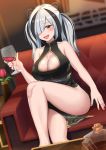  1girl :d alcohol arknights bangs bare_arms bare_shoulders black_dress black_hair blurry blurry_background blush bottle breasts cleavage cleavage_cutout couch cup depth_of_field dress drinking_glass eyebrows_visible_through_hair fang feater_(arknights) feet_out_of_frame fingernails flower hair_over_one_eye highres holding holding_cup knee_up large_breasts leng_xiao long_hair looking_at_viewer multicolored_hair nail_polish on_couch open_mouth pelvic_curtain red_eyes red_flower red_nails red_rose rose silver_hair sitting sleeveless sleeveless_dress smile solo streaked_hair table thick_eyebrows twintails vase wine wine_glass 