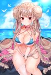  1girl azur_lane bare_arms bare_shoulders between_legs bikini bird blue_bikini blue_sky blurry braid braided_bun breasts brown_hair choker cleavage closed_mouth cloud collarbone day double_bun feathered_wings formidable_(azur_lane) formidable_(the_lady_of_the_beach)_(azur_lane) hair_bun highres horizon large_breasts lens_flare long_hair looking_at_viewer multi-strapped_bikini navel ocean outdoors red_eyes reel37891 sidelocks single_thighhigh sitting skindentation sky solo sun sunlight swimsuit tan thighhighs twintails very_long_hair wet white_legwear wings 