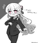  1girl :d bangs blush bow collared_shirt eyebrows_visible_through_hair fate/extra fate/grand_order fate_(series) flying_sweatdrops formal grey_background hair_between_eyes hair_bow highres long_hair long_sleeves looking_at_viewer monochrome necktie nervous_smile nose_blush nursery_rhyme_(fate/extra) open_mouth pant_suit pants pink_eyes royal_brand shirt smile solo spot_color striped striped_bow suit translation_request twitter_username two-tone_background very_long_hair white_background yuya090602 