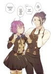  1boy 1girl belt bernadetta_von_varley bike_shorts black_hair black_pants closed_eyes closed_mouth darkgreyclouds english_text felix_hugo_fraldarius fire_emblem fire_emblem:_three_houses garreg_mach_monastery_uniform grin highres hood hood_down long_sleeves pants purple_hair short_hair simple_background smile uniform white_background 