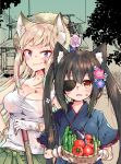  2girls animal_ear_fluff animal_ears bangs bare_shoulders basket black_hair blonde_hair blue_kimono breasts brown_headwear building cleavage closed_mouth collarbone commentary_request cucumber dirty_face eggplant eyebrows_visible_through_hair eyepatch flower fox_ears frilled_sleeves frills gloves green_pants hair_between_eyes hair_flower hair_ornament hand_on_hip hat highres holding holding_basket japanese_clothes kimono large_breasts long_hair mitoko_(kuma) multiple_girls open_mouth original pants pink_flower purple_flower red_eyes rhinoceros_beetle short_sleeves smile straw_hat tank_top tomato tree twintails very_long_hair white_gloves white_tank_top wide_sleeves 