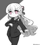  1girl bangs bow closed_mouth collared_shirt commentary_request eyebrows_visible_through_hair fate/extra fate/grand_order fate_(series) formal grey_background hair_between_eyes hair_bow highres long_hair long_sleeves looking_at_viewer monochrome necktie nursery_rhyme_(fate/extra) pant_suit pants pink_eyes royal_brand shirt solo spot_color striped striped_bow suit twitter_username two-tone_background very_long_hair white_background yuya090602 