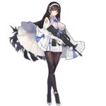  1girl ankle_ribbon assault_rifle august1st between_breasts black_hair black_legwear breasts brown_eyes brown_legwear bullpup cloak covered_nipples crossed_legs fingerless_gloves flats flower full_body girls_frontline gloves gun hair_flower hair_ornament hairband holding holding_gun holding_weapon impossible_clothes kishiyo large_breasts long_hair looking_at_viewer official_art pantyhose pleated_skirt qbz-95 qbz-95_(girls_frontline) ribbon rifle shoes skirt smile solo standing thigh_gap thighband_pantyhose transparent_background trigger_discipline very_long_hair watermark watson_cross weapon white_gloves white_hairband 