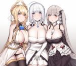  3girls ahoge aogi_(pixiv9459043) azur_lane bangs between_breasts black_dress black_panties blonde_hair blue_eyes blue_flower blue_rose blush breast_press breasts center_opening chain choker cleavage coat_dress commentary dress elbow_gloves eyebrows_visible_through_hair flower formidable_(azur_lane) frilled_dress frills gem gloves gold gradient gradient_background grey_hair hair_between_eyes highres illustrious_(azur_lane) large_breasts laurel_crown legs_together long_hair looking_at_viewer low_ponytail multiple_girls panties parted_lips red_eyes revision rose sitting sleeveless sleeveless_dress strapless strapless_dress thighhighs tri_tails twintails two-tone_dress two-tone_ribbon underwear very_long_hair victorious_(azur_lane) white_choker white_dress white_gloves 