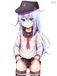  absurdres anchor_symbol black_sailor_collar blue_eyes blush breasts closed_mouth eyebrows_visible_through_hair flat_cap hair_between_eyes hamayuu_(litore) hat hibiki_(kantai_collection) highres kantai_collection lifted_by_self long_hair neckerchief panties panty_pull pleated_skirt sailor_collar school_uniform serafuku silver_hair simple_background skirt small_breasts smile thighhighs underwear white_background white_panties 