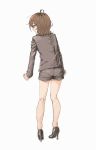  1girl ass brown_hair commentary_request dagashi_kashi glasses high_heels highres jacket kotoyama looking_at_viewer medium_hair owari_hajime shorts simple_background solo white_background 
