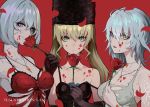  3girls bandaged_arm bandages bangs bare_shoulders blonde_hair breasts code_vein copyright dress eva_roux facial_scar flower frown green_eyes hat highres io_(code_vein) large_breasts long_coat looking_at_viewer mia_karnstein multicolored_hair multiple_girls official_art open_mouth petals platinum_blonde_hair purple_flower purple_rose ram_(ramlabo) red_background red_dress red_flower red_rose rose scar short_hair short_twintails silver_hair small_breasts smile strap_slip streaked_hair swept_bangs tagme torn_clothes twintails 