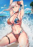  1girl american_flag_bikini asymmetrical_hair bangs bikini blue_eyes blush breasts bun_cover cleavage collarbone commentary day fate/grand_order fate_(series) flag_print grin hair_bun highres kakeku large_breasts long_hair looking_at_viewer miyamoto_musashi_(fate/grand_order) miyamoto_musashi_(swimsuit_berserker)_(fate) multi-strapped_bikini navel one_eye_closed outdoors pink_hair ribbon smile solo swept_bangs swimsuit water 