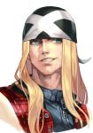  1boy adam&#039;s_apple axl_low bandana bangs blonde_hair blue_eyes guilty_gear hankuri jacket long_hair looking_to_the_side neck parted_lips simple_background smile smirk solo white_background zipper 