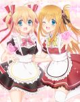  2girls :d ;d absurdres alternate_costume apron black_dress blonde_hair blue_eyes charlotte_(anime) commentary_request company_connection cowboy_shot crossover dress enmaided frilled_apron frilled_dress frills hair_ribbon heart highres kamikita_komari key_(company) little_busters! long_hair looking_at_viewer maid miyoshi_yun multiple_girls nishimori_yusa one_eye_closed one_side_up open_mouth pink_background red_dress ribbon short_hair smile sparkle_background standing thighhighs twintails white_apron white_legwear 