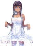  1girl bangs black_hair blue_eyes blush breasts cleavage commentary_request dark_skin dress eyebrows_visible_through_hair gorua_(youce01) hairband large_breasts long_hair looking_at_viewer original parted_lips petals revision simple_background solo standing wading water wet wet_clothes wet_dress white_background white_dress yuurika_(gorua) 