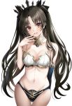  1girl armlet bandeau bangs bare_shoulders bikini black_bikini_bottom black_bow black_hair blush bow breasts cleavage collarbone commentary_request cowboy_shot detached_sleeves earrings fate/grand_order fate_(series) hair_bow harimoji highleg highleg_bikini hoop_earrings ishtar_(fate/grand_order) jewelry long_hair looking_at_viewer medium_breasts navel neck_ring open_mouth parted_bangs red_eyes simple_background single_detached_sleeve smile solo strapless strapless_bikini swimsuit tiara two_side_up white_background white_bikini_top 