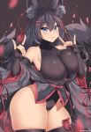  1girl animal_ear_fluff animal_ears bangs bare_shoulders black_gloves black_hair blue_eyes blush breasts cameltoe collarbone elbow_gloves fang fingerless_gloves fingernails fox_ears fox_girl fox_shadow_puppet fox_tail gloves hair_between_eyes hair_ribbon hands_up highres hip_focus huge_breasts japanese_clothes kanachirou kiri_(sub-res) long_hair looking_at_viewer original petals red_ribbon ribbon skindentation smile solo standing tail tassel thighhighs thighs twitter_username upper_body very_long_hair 
