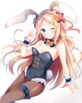  1girl ;q abigail_williams_(fate/grand_order) animal_ears bandaid bandaid_on_face bangs bare_shoulders black_bow black_collar black_leotard blonde_hair blue_eyes blush bow bowtie breasts brown_legwear bunny_ears bunny_girl bunny_tail bunnysuit cleavage closed_mouth collar commentary_request crossed_bandaids detached_collar eyebrows_visible_through_hair fake_animal_ears fate/grand_order fate_(series) gradient gradient_background grey_background hair_bow hairband hand_up head_tilt highres leotard long_hair looking_at_viewer masayo_(gin_no_ame) medium_breasts multiple_bows multiple_hair_bows one_eye_closed orange_bow pantyhose parted_bangs polka_dot polka_dot_bow small_breasts smile solo strapless strapless_leotard tail tongue tongue_out very_long_hair white_background white_hairband wrist_cuffs 