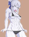  1girl abs bangs bare_shoulders bikini black_bikini blue_bow blunt_bangs bow braid breasts brown_background closed_mouth collarbone condom_wrapper covered_nipples eenui334 fate/grand_order fate_(series) french_braid glasses hair_bow half_updo long_hair looking_at_viewer medium_breasts micro_bikini mouth_hold muscle muscular_female navel penthesilea_(fate/grand_order) sidelocks smile solo swimsuit thighs tied_hair white_hair yellow_eyes 
