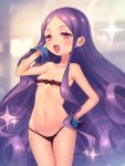  1girl :d bare_shoulders black_bow black_gloves black_panties blurry blurry_background blush bow fang fate/grand_order fate_(series) flat_chest gloves hand_on_hip hand_up long_hair looking_at_viewer moe_(hamhamham) navel open_mouth panties pink_eyes purple_hair simple_background smile solo standing underwear very_long_hair white_background wrist_cuffs wu_zetian_(fate/grand_order) 
