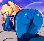  2girls all_fours ass blonde_hair blue_eyes blue_hair blush bodysuit breasts cameltoe chibi come_hither dark_samus from_behind gloves hips huge_ass iriomote_umineko large_breasts long_hair looking_at_viewer looking_back metroid multiple_girls naughty_face nintendo ponytail purple_skin samus_aran shiny shiny_clothes shiny_hair smile thick_thighs thighs wide_hips zero_suit 