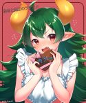  1girl absurdres ahoge apron bangs bare_arms bare_shoulders blush bow breasts chocolate chocolate_heart cleavage commentary_request copyright_request curled_horns eyebrows_visible_through_hair flying_sweatdrops food frilled_apron frills green_hair hair_between_eyes head_tilt heart highres holding holding_food large_breasts long_hair naked_apron pink_bow pointy_ears polka_dot polka_dot_background red_background red_eyes sakura_chiyo_(konachi000) solo sweat translation_request twitter_username upper_body valentine very_long_hair white_apron 