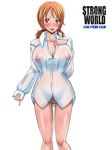  blush bottomless breasts censored cleavage large_breasts mikanberry nami nami_(one_piece) nipples no_bra no_panties one_piece pussy see-through see-through_shirt shirt smile 