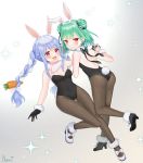  2girls animal_ear_fluff animal_ears artist_name backless_outfit bare_shoulders black_footwear black_gloves blue_hair blush bow braid breasts bunny_ears bunny_girl bunny_tail bunnysuit carrot_hair_ornament cleavage closed_mouth double_bun earrings extra_ears eyebrows fake_animal_ears fishnet_pantyhose fishnets food_themed_hair_ornament full_body gloves green_hair hair_ornament hand_on_own_chest holding_hands hololive jewelry leotard long_braid looking_at_viewer multicolored_hair multiple_girls naomi_(fantasia) open_mouth pantyhose red_eyes short_hair smile tail thick_eyebrows thighs two-tone_hair upper_teeth uruha_rushia usada_pekora virtual_youtuber white_bow white_footwear white_hair 