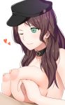  1boy 1girl black_headwear breasts brown_hair choker closed_mouth dorothea_arnault earrings fire_emblem fire_emblem:_three_houses green_eyes hat jewelry large_breasts long_hair nipples one_eye_closed paizuri penis simple_background smile solo_focus taguchi_takahiro white_background 