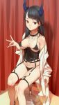  1girl :o bangs bare_shoulders black_bra black_collar black_hair black_panties blunt_bangs bra breasts chair coat collar covered_horns covered_nipples curtains garter_straps heiyz horns jewelry labcoat large_breasts lingerie long_hair looking_at_viewer necklace off_shoulder open_clothes open_coat panties red_eyes sitting solo strap_gap underwear white_coat 