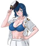  1girl alternate_costume blue_bra blue_eyes blue_hair bra breasts cleavage collarbone commentary_request cowboy_shot female_service_cap hair_down hand_on_hip hat highres holding holding_hat kantai_collection large_breasts long_hair looking_at_viewer military military_uniform naval_uniform open_clothes simple_background skirt smile solo souryuu_(kantai_collection) sozan underwear uniform white_background white_headwear white_skirt 