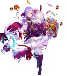  1girl alternate_costume bangs boots breasts buttons candy cape circlet closed_mouth detached_sleeves dress eyebrows_visible_through_hair fire_emblem fire_emblem:_path_of_radiance fire_emblem:_radiant_dawn fire_emblem_heroes food fuji_choko full_body gloves hair_ornament halloween_costume highres holding ilyana_(fire_emblem) jewelry knee_boots long_hair long_sleeves looking_away medium_breasts official_art pantyhose purple_eyes purple_footwear purple_gloves purple_hair shiny shiny_hair short_dress skirt solo tied_hair torn_clothes transparent_background white_legwear 