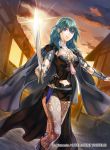  1girl black_cape black_footwear black_shorts blue_eyes blue_hair boots breasts byleth_(fire_emblem) byleth_(fire_emblem)_(female) cape closed_mouth cloud fire_emblem fire_emblem:_three_houses holding holding_sword holding_weapon kita_senri legwear_under_shorts long_hair looking_at_viewer medium_breasts midriff navel night official_art outdoors pantyhose print_legwear shiny shiny_hair short_shorts shorts sky smile solo standing star_(sky) starry_sky stomach sword waist_cape weapon 