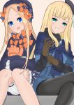  2girls :d abigail_williams_(fate/grand_order) atsumisu bangs beret black_bow black_dress black_headwear black_legwear blonde_hair bloomers blue_dress blue_eyes blunt_bangs blush bow brown_background brown_gloves bug butterfly commentary_request crossed_legs dress eyebrows_visible_through_hair fate/grand_order fate_(series) fur-trimmed_sleeves fur_trim gloves green_eyes grin hair_bow half-closed_eyes hat insect long_hair long_sleeves looking_at_viewer lord_el-melloi_ii_case_files multiple_bows multiple_girls multiple_hair_bows object_hug open_mouth orange_bow pantyhose parted_bangs polka_dot polka_dot_bow reines_el-melloi_archisorte sitting sleeves_past_fingers sleeves_past_wrists smile stuffed_animal stuffed_toy teddy_bear tilted_headwear underwear v-shaped_eyebrows very_long_hair white_bloomers 