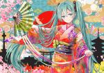  1girl akasaka_asa aqua_eyes aqua_hair autumn_leaves bird cherry_blossoms closed_mouth colored_eyelashes colorful commentary cowboy_shot egasumi fan fingernails floating_hair floral_print folding_fan ginkgo_leaf hair_between_eyes hatsune_miku hexagon highres holding holding_fan japanese_clothes kimono leaf long_hair long_sleeves looking_at_viewer maple_leaf obi obiage outstretched_arm pagoda print_kimono red_sun ribbon sash sayagata shiny shiny_hair smile solo standing torii twintails very_long_hair vocaloid wide_sleeves 