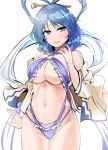  1girl bangs bare_shoulders blue_eyes blue_hair blue_swimsuit blush breasts closed_mouth commentary_request cowboy_shot eyebrows_visible_through_hair groin hair_ornament hair_rings hair_stick hand_up highres jacket kaku_seiga large_breasts lips long_sleeves looking_at_viewer navel o-ring o-ring_swimsuit off_shoulder open_clothes open_jacket pink_lips shawl short_hair simple_background sketch slingshot_swimsuit smile solo stomach swimsuit thigh_gap thighs touhou underboob wavy_hair white_background white_jacket y2 