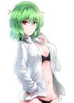  1girl bangs black_bra black_panties bra breasts cleavage commentary_request cowboy_shot eyebrows_visible_through_hair green_hair hair_between_eyes hand_on_hip hand_up highres kazami_yuuka large_breasts long_sleeves looking_at_viewer navel open_clothes open_shirt panties red_eyes shirt short_hair side-tie_panties simple_background solo standing stomach touhou underwear white_background white_shirt y2 