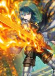  1girl armored_boots black_pants blue_eyes blue_hair boots breasts brown_footwear brown_gloves byleth_(fire_emblem) byleth_(fire_emblem)_(female) closed_mouth dutch_angle fire_emblem fire_emblem:_three_houses fire_emblem_cipher floating_hair gloves holding holding_sword holding_weapon indoors kita_senri long_hair looking_at_viewer medium_breasts official_art pants solo standing sword thigh_boots thighhighs weapon 
