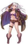  1girl belt bikini breasts brown_eyes brown_gloves cleavage closed_mouth fire_emblem fire_emblem_awakening fire_emblem_heroes full_body gloves highres o-ring o-ring_bikini robin_(fire_emblem) robin_(fire_emblem)_(female) simple_background smile solo spiffydc swimsuit thigh_strap twintails twitter_username white_background white_hair 