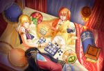  1boy 1girl :d ahoge armlet barefoot blonde_hair blush bracelet eyebrows_visible_through_hair fate/grand_order fate_(series) from_above fujimaru_ritsuka_(female) gilgamesh gilgamesh_(caster)_(fate) hair_between_eyes hair_ornament hair_scrunchie head_rest holding jewelry long_hair lying miniskirt necklace on_bed on_side open_mouth orange_hair pillow red_eyes riako scrunchie shiny shiny_hair side_ponytail sitting sitting_on_bed skirt sleeveless smile wariza white_skirt yellow_scrunchie 
