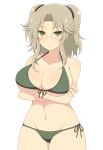  1girl :t bangs bikini breasts crossed_arms front-tie_top frown green_bikini green_eyes highres ichiryuu_tsumiki imu_(senran_kagura) large_breasts parted_bangs rimless_eyewear senran_kagura side-tie_bikini side-tie_bottom sidelocks swimsuit 