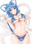  1girl animal_ears bangs bare_arms bare_shoulders bikini blue_bikini blue_eyes blue_hair blue_nails blush breasts cameltoe cat_ears cat_tail commentary_request cowboy_shot drill_hair drill_locks eyebrows_visible_through_hair groin hair_rings halterneck hands_up highres kaku_seiga kemonomimi_mode large_breasts lips looking_at_viewer nail_polish navel o-ring o-ring_bikini shawl short_hair simple_background smile solo standing stomach swimsuit tail thighs touhou white_background y2 