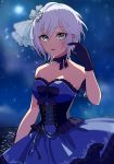  1girl anastasia_(idolmaster) bangs black_gloves black_ribbon blue_dress blue_eyes breasts bustier choker cleavage cloud collarbone dress eyebrows_visible_through_hair gloves grey_ribbon hair_between_eyes ich. idolmaster idolmaster_cinderella_girls medium_breasts moon night open_mouth outdoors ribbon ribbon_choker short_dress short_hair silver_hair sleeveless sleeveless_dress solo standing strapless strapless_dress 