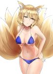  1girl animal_ear_fluff animal_ears bangs bare_arms bare_shoulders bikini blonde_hair blue_bikini blue_nails breasts cameltoe commentary_request cowboy_shot eyebrows_visible_through_hair fox_ears fox_tail front-tie_bikini front-tie_top groin hair_between_eyes halterneck head_tilt highres large_breasts looking_to_the_side multiple_tails nail_polish navel no_hat no_headwear short_hair simple_background solo standing stomach swimsuit tail thighs touhou white_background y2 yakumo_ran yellow_eyes 