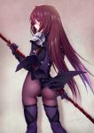  1girl ass bangs blush bodysuit commentary fate_(series) from_behind gae_bolg highres holding holding_spear holding_weapon kazuma_muramasa long_hair looking_at_viewer pauldrons polearm purple_eyes purple_hair scathach_(fate)_(all) scathach_(fate/grand_order) sidelocks signature solo spear standing thigh_gap very_long_hair weapon 